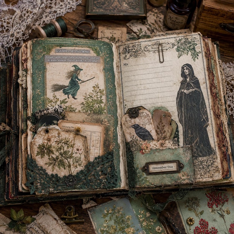 Pode incluir: Um di&aacute;rio de recortes aberto com p&aacute;ginas de estilo vintage, apresentando uma bruxa numa vassoura, uma figura encapuzada e um corvo. As p&aacute;ginas incluem bolsos com etiquetas bot&acirc;nicas, acabamentos em renda e um suporte de metal com o texto remember this.