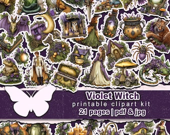 Gothic purple witch clipart printable Whimsical gothic fussy cuts Rustic magical witch artwork Owl spellbook shelf print Snake potion bottle