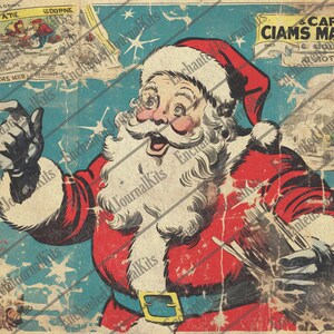 May include: A vintage comic book cover featuring a cartoon Santa Claus in a red suit with a white beard and hat, pointing to the right. The background is a blue sky with stars. The text on the cover reads "CAR CIAMS MARND" and "NOMY TOTEGIO".