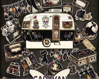 May include: A digital Halloween folio kit featuring a vintage caravan design. The image showcases various cliparts, including a black cat, a carved pumpkin, and the text "21 Interactive Pages!" and "500+ Cliparts". The word "Caravan" is also visible.