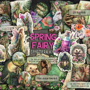 Puede incluir: Un kit de collage digital con ilustraciones caprichosas de hadas, unicornios, un drag&oacute;n, un erizo y una botella de poci&oacute;n. El kit incluye el texto "Spring Fairy Ephemera Kit" y "Enchantment".