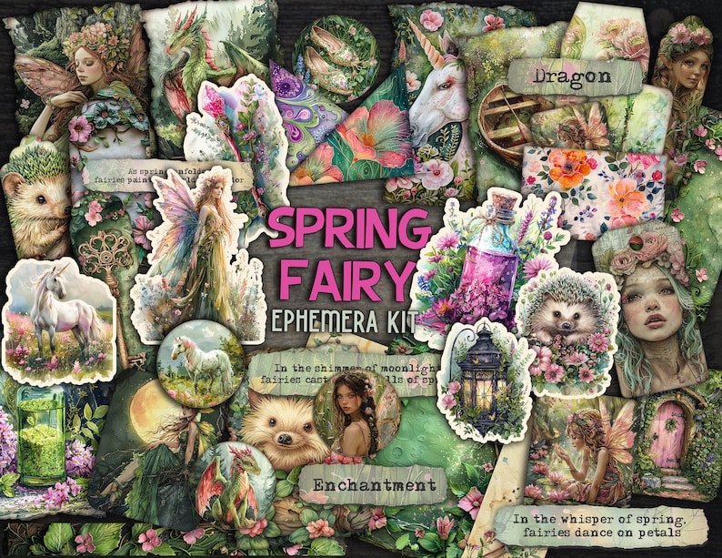 Puede incluir: Un kit de collage digital con ilustraciones caprichosas de hadas, unicornios, un drag&oacute;n, un erizo y una botella de poci&oacute;n. El kit incluye el texto "Spring Fairy Ephemera Kit" y "Enchantment".