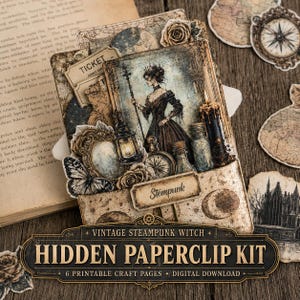 May include: A vintage steampunk-themed paperclip kit with a witch illustration. The kit includes printable craft pages and digital downloads. The design features a witch, a butterfly, a lantern, and a compass.