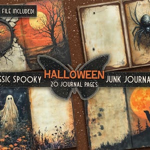 May include: A digital junk journal kit with 20 pages featuring spooky Halloween themes. The pages include images of a ghost, a spider web, a full moon, and a wolf howling at the moon. The text "Classic Spooky" and "Junk Journal Kit" are at the top of the image.