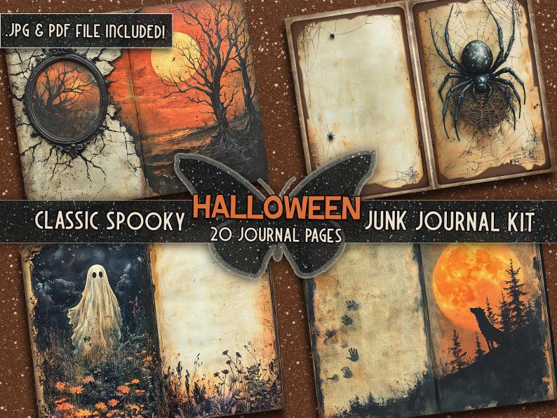 May include: A digital junk journal kit with 20 pages featuring spooky Halloween themes. The pages include images of a ghost, a spider web, a full moon, and a wolf howling at the moon. The text "Classic Spooky" and "Junk Journal Kit" are at the top of the image.