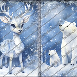 Op de afbeelding: Een digitale illustratie van een wit hert met geweien en een witte ijsbeer op een blauwe achtergrond met witte sneeuwvlokken. Het hert heeft een blauw en wit patroon op zijn vacht. De ijsbeer staat op zijn achterpoten en kijkt naar de lucht. De achtergrond is een blauwe lucht met witte sneeuwvlokken.