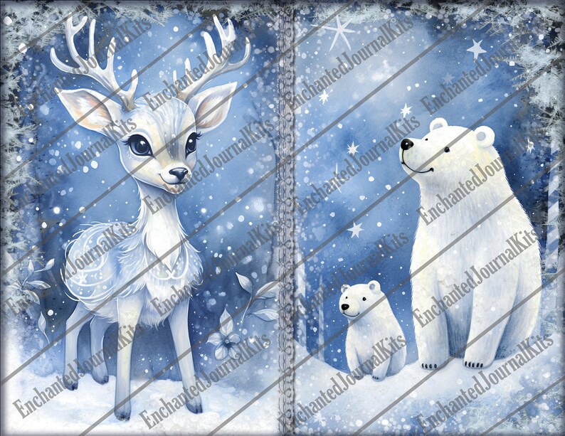 Op de afbeelding: Een digitale illustratie van een wit hert met geweien en een witte ijsbeer op een blauwe achtergrond met witte sneeuwvlokken. Het hert heeft een blauw en wit patroon op zijn vacht. De ijsbeer staat op zijn achterpoten en kijkt naar de lucht. De achtergrond is een blauwe lucht met witte sneeuwvlokken.
