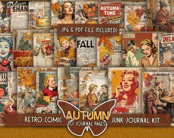 Retro autumn season printable Comics illustrations paper Vintage fall junk journal Family thanksgiving digital download Seasonal junkjournal