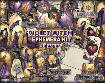 Dark purple halloween witch ephemera Magical grimoire library Gothic forest witch journal Supplies for witch journalers Mystical happy mail