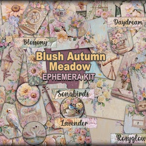 Könnte beinhalten: Eine Sammlung von Ephemera mit dem Text Blush Autumn Meadow Ephemera Kit, Blossomy, Daydream, Songbirds, Lavender und Rosyglow. Die Bilder zeigen Blumenarrangements, Sonnenblumen, Vögel, einen Heißluftballon, eine Geige und ein Teleskop.