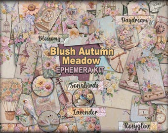 Pastel autumn junkjournal ephemera Shabby fall aesthetic floral Pink botanical paper printable Vintage rose pockets ephemera Memory book kit