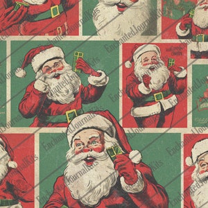 May include: A vintage Christmas wrapping paper design featuring a repeating pattern of Santa Claus figures holding gifts. The paper has a green and red color scheme with a distressed, aged look.