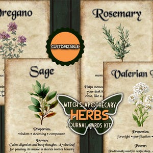 May include: A set of four vintage-style herb journal cards. The cards feature illustrations of oregano, rosemary, sage, and valerian root, with text describing their properties and uses. A customizable orange circle and a butterfly-shaped logo that reads "Witch's Apothecary Herbs Journal Cards Kit" are also included.
