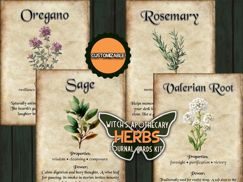 May include: A set of four vintage-style herb journal cards. The cards feature illustrations of oregano, rosemary, sage, and valerian root, with text describing their properties and uses. A customizable orange circle and a butterfly-shaped logo that reads "Witch's Apothecary Herbs Journal Cards Kit" are also included.