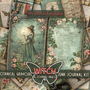 Pode incluir: Um kit de junk journal de grim&oacute;rio bot&acirc;nico com 16 p&aacute;ginas com ilustra&ccedil;&otilde;es vintage de uma bruxa, coruja, corvo, gato, cogumelos e motivos florais em tons de verde e rosa, com o texto JPG & PDF FILE INCLUDED! e WITCH.