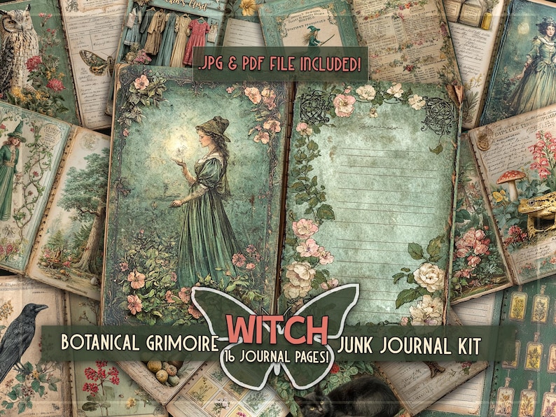 Pode incluir: Um kit de junk journal de grim&oacute;rio bot&acirc;nico com 16 p&aacute;ginas com ilustra&ccedil;&otilde;es vintage de uma bruxa, coruja, corvo, gato, cogumelos e motivos florais em tons de verde e rosa, com o texto JPG & PDF FILE INCLUDED! e WITCH.