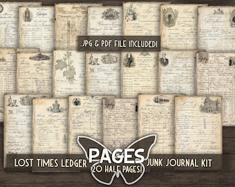 Ledger paper junk journal printable Old shop receipt digital Vintage journal half pages Antique scrapbook papers Rustic ledges printful kit