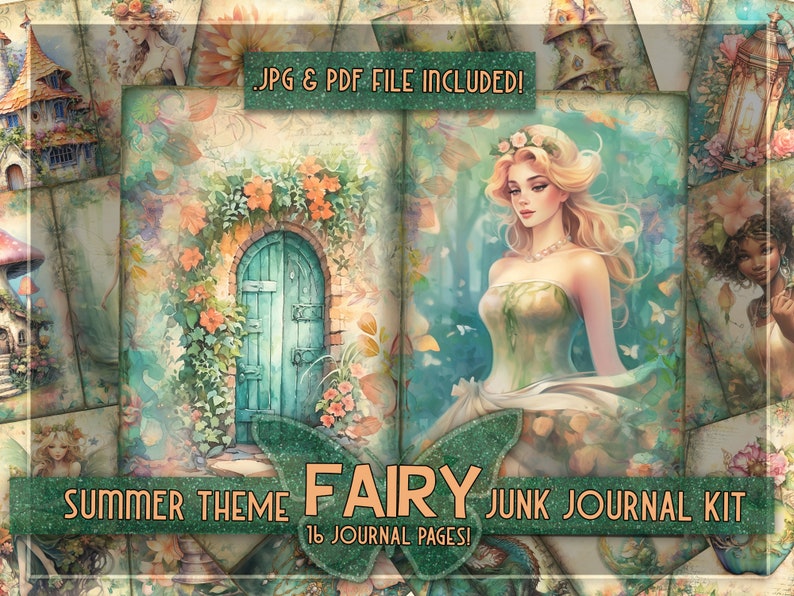 Puede incluir: Un kit de diario de chatarra digital de 16 p&aacute;ginas con un tema de hadas de verano. El kit incluye im&aacute;genes de un hada, una puerta, flores y una casa de hongos. El texto "JPG & PDF FILE INCLUDED!" y "SUMMER THEME FAIRY JUNK JOURNAL KIT 16 JOURNAL PAGES!" es visible en la imagen.
