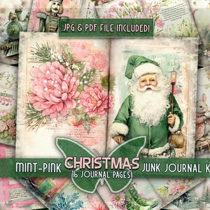 Grüne Weihnachtspapiere junkjournal druckbare Mint rosa Weihnachtswichtel Weihnachtsmann Schneemann druckbare Waldpapiere Kaninchen geschenkvoll