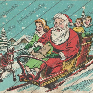 May include: Santa Claus in a red suit and white beard pulls a sleigh with a brown horse. Two children in red and green outfits sit in the sleigh. The scene is set against a snowy winter background with a blue sky and white stars.