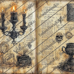 May include: An open book with aged pages featuring illustrations of a candelabra with lit candles, a skull, and other gothic-themed drawings. The text "Enchanted Journal Kits" is visible.