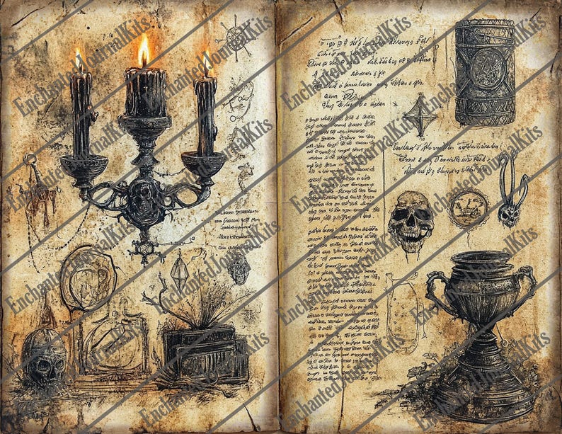 May include: An open book with aged pages featuring illustrations of a candelabra with lit candles, a skull, and other gothic-themed drawings. The text "Enchanted Journal Kits" is visible.