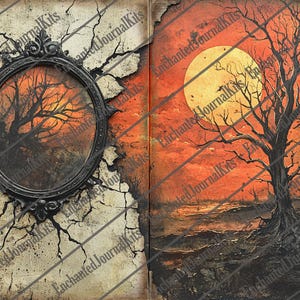 May include: A vintage book cover with a cracked, aged texture. The left page features a black frame with a painting of a bare tree against a sunset sky. The right page shows a bare tree with a large, full moon in the background. The sky is a vibrant orange and red.