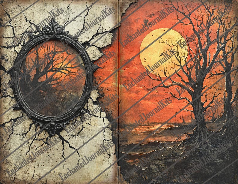 May include: A vintage book cover with a cracked, aged texture. The left page features a black frame with a painting of a bare tree against a sunset sky. The right page shows a bare tree with a large, full moon in the background. The sky is a vibrant orange and red.