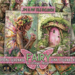 Puede incluir: Un kit de diario de chatarra digital de 16 p&aacute;ginas con un tema de hadas. El kit incluye im&aacute;genes de hadas, flores, una puerta y un erizo. El texto "Spring Serenade Fairy Junk Journal Kit 16 Journal Pages!" se muestra en la parte frontal del kit.