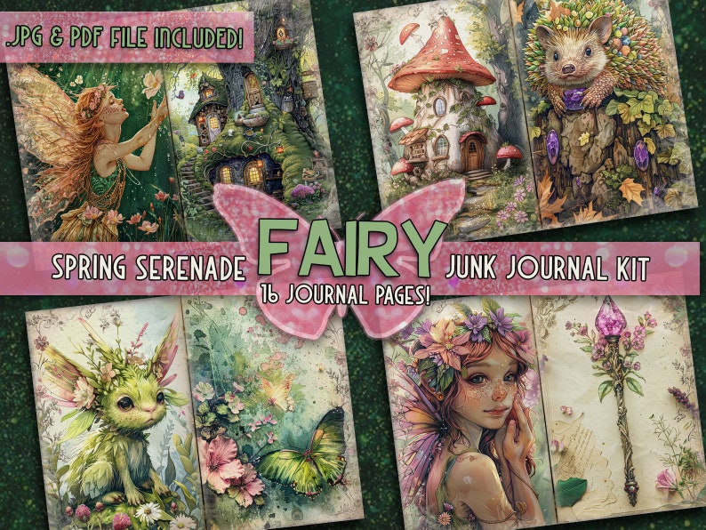 May include: A digital junk journal kit with 16 pages featuring whimsical fairy illustrations. The kit includes images of fairies, mushrooms, flowers, and other magical elements. The title "Spring Serenade Fairy Junk Journal Kit" is displayed on a pink banner.