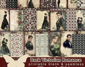 Dark romance blank papers printable Victorian gothic seamless pattern Vintage love story junkjournal digital Romantic halloween backing page