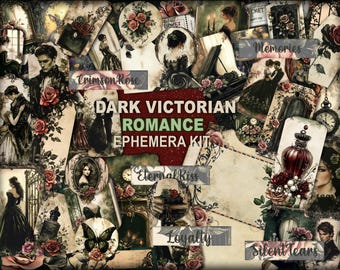 Gothic victorian romance ephemera Digital vintage wedding journal Dark tag pockets envelope printable Romantic decorative pages ephemera kit
