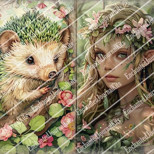 May include: A digital illustration of a hedgehog and a fairy. The hedgehog is brown and white with green spines. The fairy has long blonde hair, green eyes, and is wearing a flower crown. The background is a green forest with pink flowers.