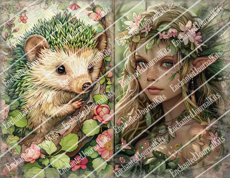 May include: A digital illustration of a hedgehog and a fairy. The hedgehog is brown and white with green spines. The fairy has long blonde hair, green eyes, and is wearing a flower crown. The background is a green forest with pink flowers.