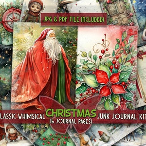 Traditional christmas printful junkjournal Whimsical green red Christmas classic papers Bird trees junkjournal page Santa traditional papers