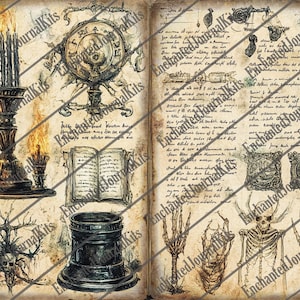 May include: An open book with aged paper features illustrations of a candelabra with lit candles, a clock, an open book, a cauldron, a skeletal figure, and skeletal hands. The pages are filled with handwritten text and drawings.