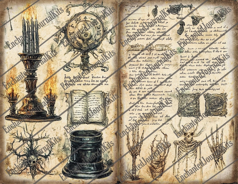 May include: An open book with aged paper features illustrations of a candelabra with lit candles, a clock, an open book, a cauldron, a skeletal figure, and skeletal hands. The pages are filled with handwritten text and drawings.