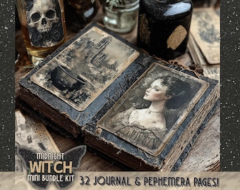 Puede incluir: Un libro antiguo abierto con páginas envejecidas, con ilustraciones vintage. El libro está acompañado de una botella adornada con una calavera y un tintero oscuro. La imagen incluye el texto "Midnight Witch Mini Bundle Kit 32 Journal & Pephemera Pages!"