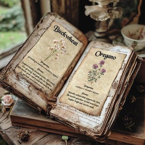 May include: An open, aged book displays pages with botanical illustrations and handwritten text. One page features "Buckwheat" with a sprig of white flowers, and the other, "Oregano" with purple flowers. The book's pages are yellowed, with a rustic, vintage aesthetic.