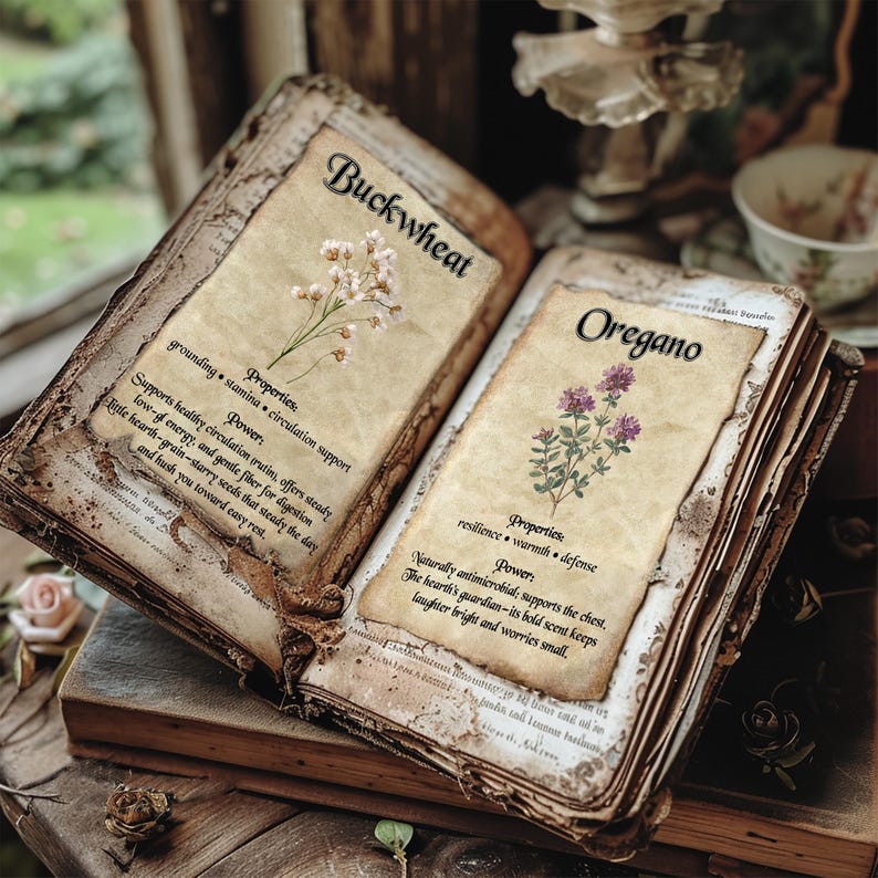 May include: An open, aged book displays pages with botanical illustrations and handwritten text. One page features "Buckwheat" with a sprig of white flowers, and the other, "Oregano" with purple flowers. The book's pages are yellowed, with a rustic, vintage aesthetic.