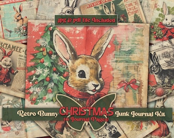 Christmas Bunny printable Retro junkjournal papers Christmas rabbit digital downloaded bunny printful Christmas papers Vintage junkjournal