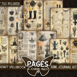 May include: A collection of 16 journal pages with a witchcraft theme. The pages feature illustrations of candles, skulls, and other occult symbols. The text "WITCHCRAFT SPELLBBOOK PAGES" is displayed on the image. The image is a JPG and PDF file.
