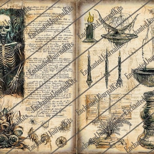 May include: A vintage-style journal spread with illustrations of a skeleton, candles, and other occult objects. The pages have aged paper texture with handwritten text and drawings, creating a gothic or fantasy theme.