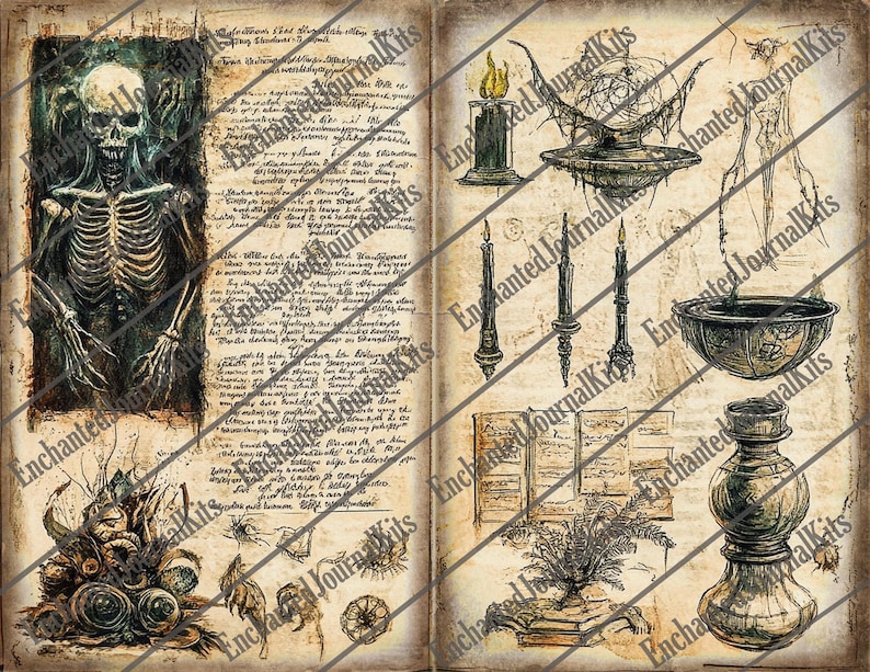 May include: A vintage-style journal spread with illustrations of a skeleton, candles, and other occult objects. The pages have aged paper texture with handwritten text and drawings, creating a gothic or fantasy theme.
