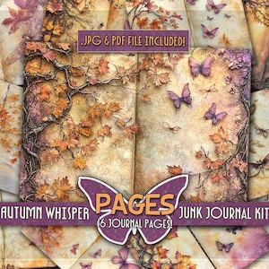 Papéis de diário de outono para impressão Butterfly junkjournal digital Papéis de folhas de outono de fantasia Árvores caprichosas borboleta Diário de outono para impressão