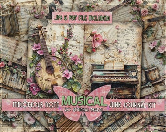 Può includere: Un kit di diario di scarto digitale con 20 pagine che presentano strumenti musicali vintage, spartiti musicali e disegni floreali. Il kit include un pianoforte, una chitarra e una fisarmonica. Il testo "MELODIOUS NOTE MUSICAL JUNK JOURNAL KIT 20 JOURNAL PAGES!" è visualizzato sull'immagine.