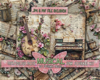 Journal musical imprimable vintage en papier, pages de musique romantique, journal floral vintage, papier de jardin de fleurs à imprimer, kit musical shabby chic