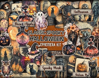 May include: A digital collage sheet with a spooky Halloween theme. The sheet features images of pumpkins, witches, ghosts, owls, spiders, potions, and other Halloween-themed elements. The text "Classic Spooky Halloween Ephemera Kit" is printed on the sheet.