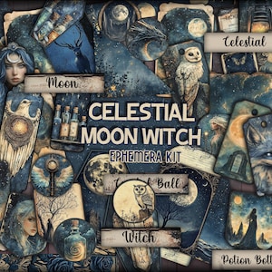 May include: A collage of celestial-themed ephemera, featuring illustrations of the moon, owls, and mystical figures. The color palette is dominated by shades of blue and brown, with accents of white and gold. Text includes "Celestial Moon Witch Ephemera Kit", "Moon", "Witch", and "Potion Bottle".