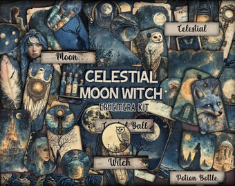 May include: A collage of celestial-themed ephemera, featuring illustrations of the moon, owls, and mystical figures. The color palette is dominated by shades of blue and brown, with accents of white and gold. Text includes "Celestial Moon Witch Ephemera Kit", "Moon", "Witch", and "Potion Bottle".